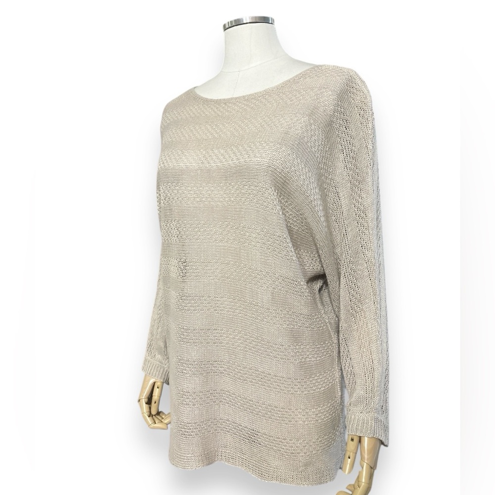 TAHARI 100% Linen Dolman Long Sleeve Beige Cream Open Knit Sweater Scoop…